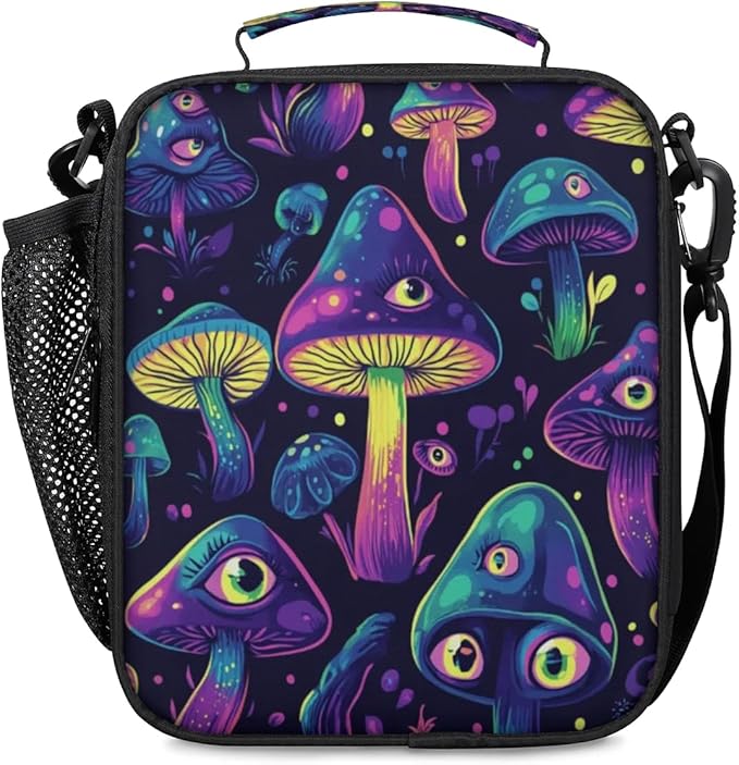Mushrooms Insulated Lunch Box Kids Reusable Portable Lunchbox Bag with Adjustable Shoulder Strap and Water Bottle Holder for Work School Travel