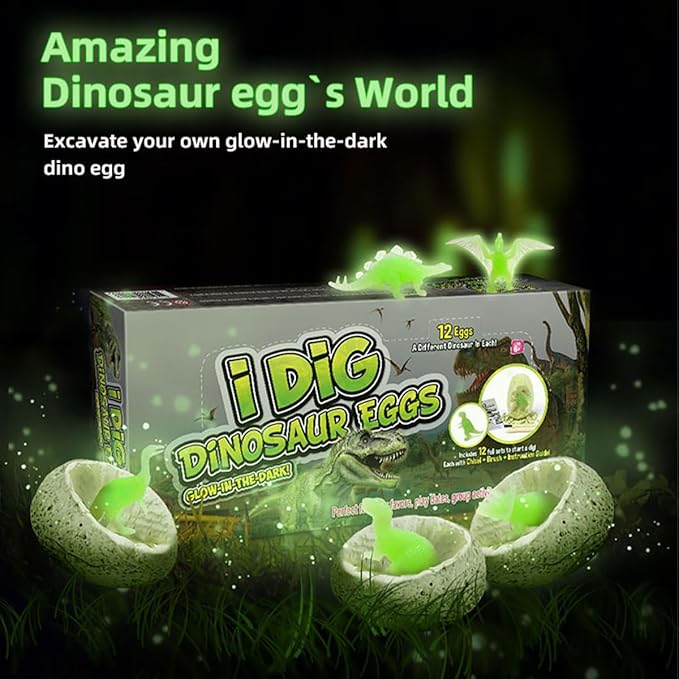 12-Pack Glow in The Dark Dinosaur Excavation Kit for Kids - Educational STEM Fossil Digging Egg Activity – Dig up & Discover Real Dino, Scientific Archaeology Set for Boys & Girls