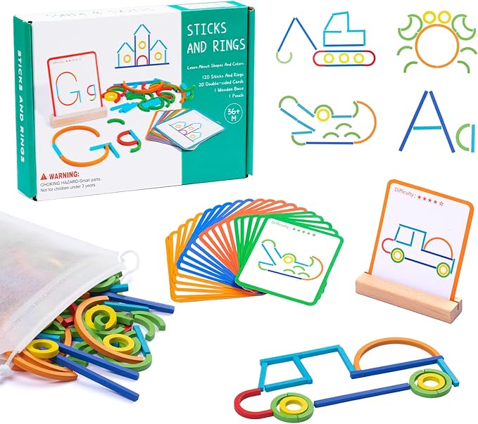 120pcs Wooden Pattern Blocks Shape Puzzles Sticks & Rings Wooden Tangram Puzzle Stem Preschool Brain Teaser Montessori Toys Gift for 3 4 5 Years Old Activity Kids Boy Girl