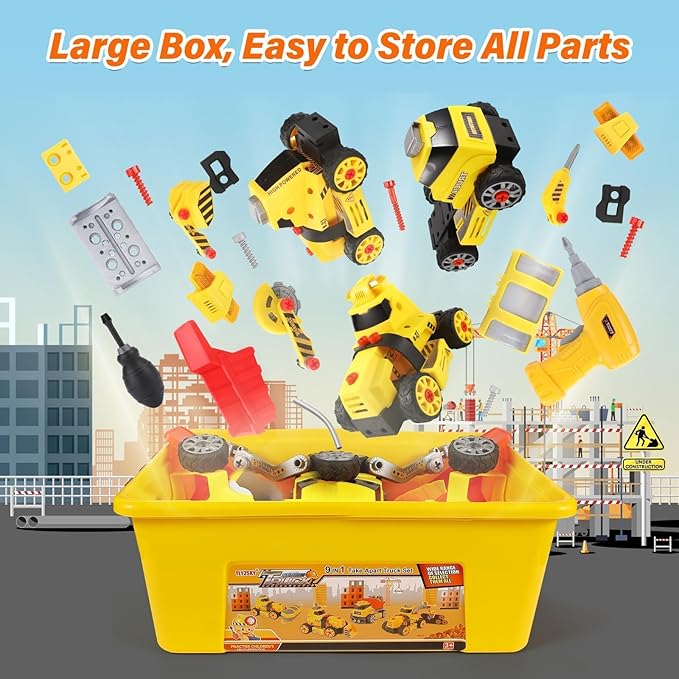 9 in 3 Take Apart Toys with Electric Drill Take Apart Truck Toys Construction Set DIY Engineering Building Toy Push Go STEM Toy Gift for Boys Toys Ages 4-7 Years Old Gift