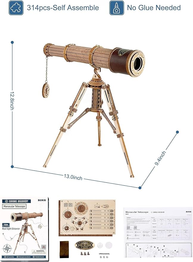 ROKR 3D Puzzles for Adults Wooden Telescope Building Model Kit with Tripod for Adults -3X Magnification Science Kit Gifts for Boy/Girls