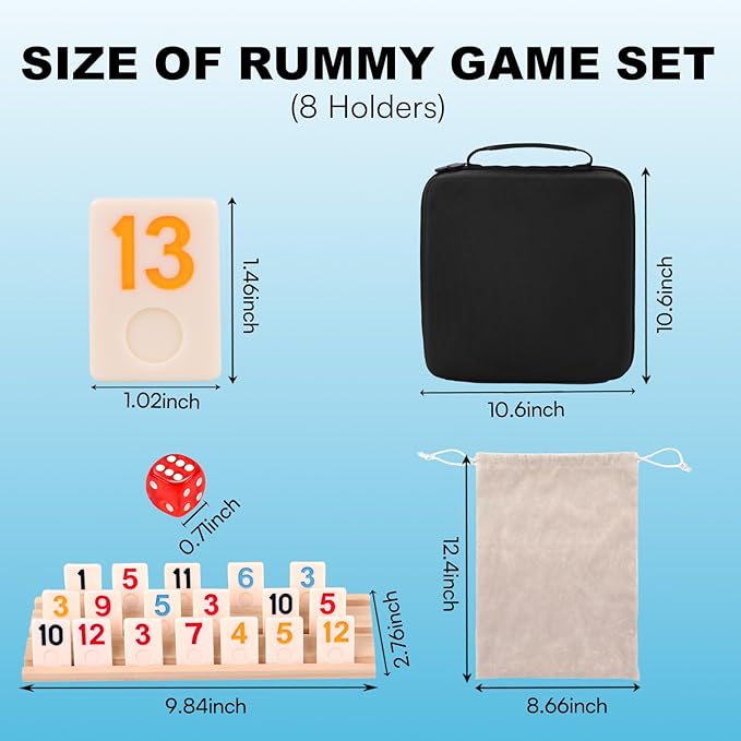 Rummy Cube Game 6-8 Players with Portable Travel Case, 214 Melamine Rummy Tiles & 8 Wooden Holders, Classic Family Strategy Board Game for Adults Kids