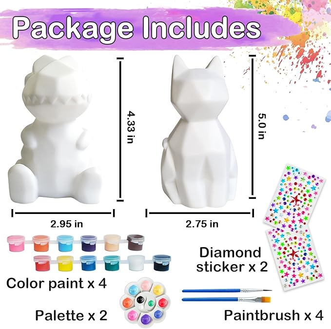 Goodyking Paint Your Own Cat & Dinosaur Lamp Art Kit 2pcs, DIY Night Light, Christmas Crafts for Teens, Painting Kit for Girls Boys Age 4 5 6 7 8+, Art Supplies Cat Craft Gift for Birthday, Party