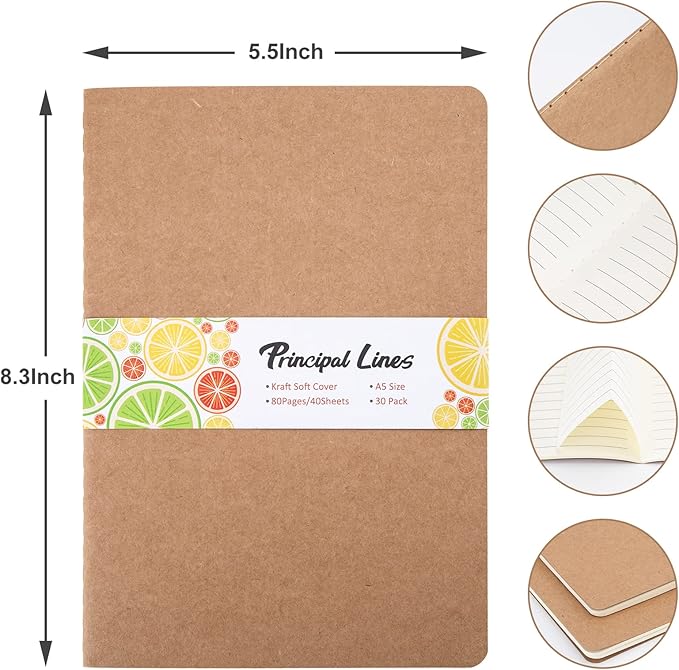 30 Pack A5 Kraft Notebooks, 80 Lined Pages Journal Notebook Bulk, 8.3 X 5.5 Inches, Kraft Cover Notebook, Travel Journal Bulk for Kids, Students, Office Supplies (Brown)