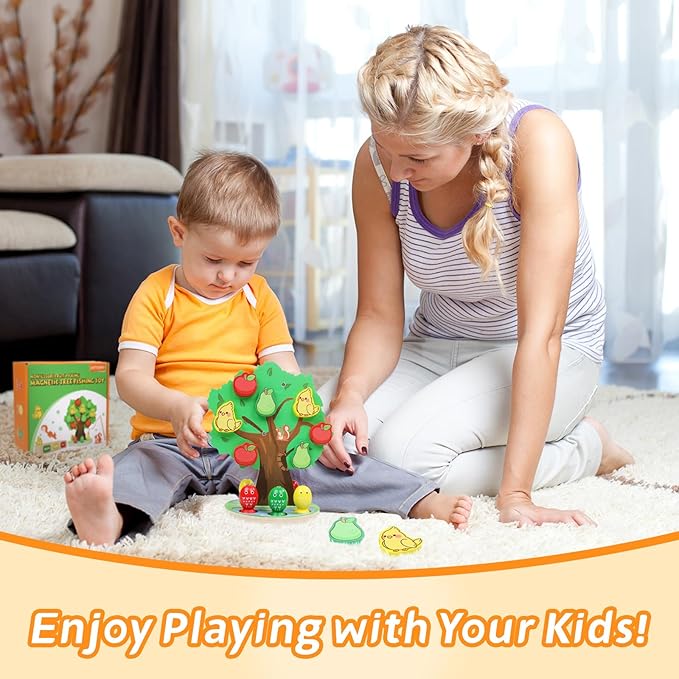 Montessori Toys for 3 4 5 Year Old, Wooden Fine Motor Skills Educational Color Sorting Toys, Apple Picking Magnetic Fishing Games for Kids 3-5, Birthday Gifts for Kids Boys Girls