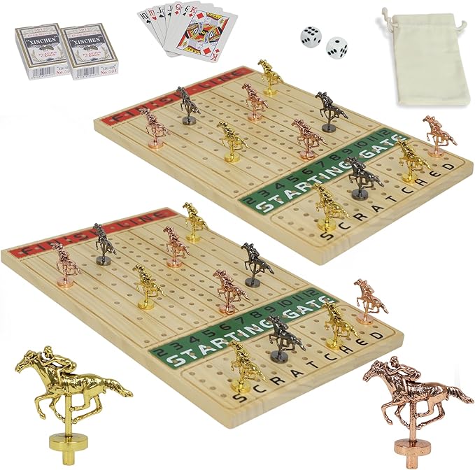 HOROW 2 Pack Metal Horse Racing Board Game Card Board Game Finish Line Luxury Edition Solid Wood Race Game Board 11 Batches of Metal Model Horses 2 Sets of Dice and 2 Boxes of Cards (Log)…