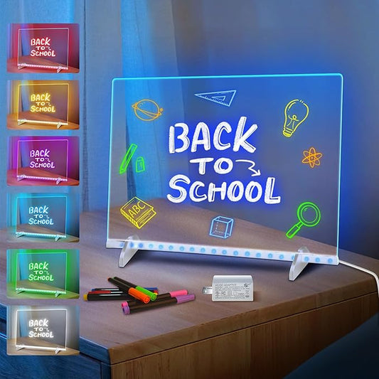 LED Note Board with 7 Colors, Includes Adapter, 13"x10" Led Drawing Board for Kids with Invisible Stand, Light Up Dry Erase Board with 7 Markers, Soft Cloth, Hanging Chain, Holiday Trend Gift