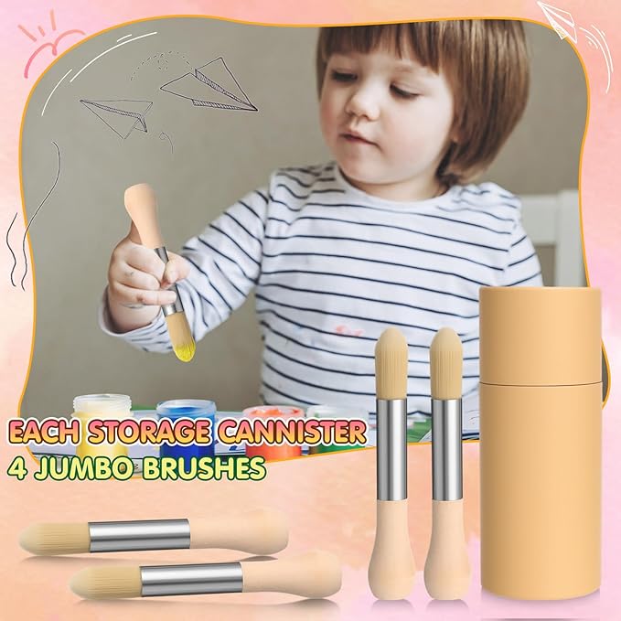 12 Pack Watercolor Paint Brushes Bulk Set for Kids Baby Toddler-4 Pcs Per Set Jumbo Brushes with Chubby Wood Handles for Easy Grip Paintbrushes Non Toxic Bristles for Art Craft (Wooden Color)
