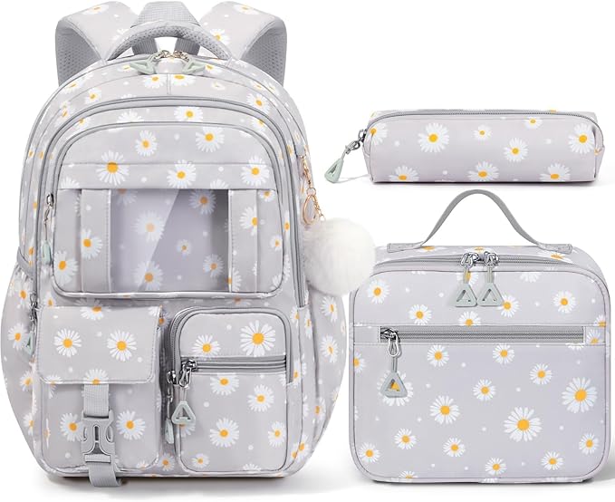Fimibuke Backpack for Girls Boys, 3Pcs Waterproof Kids Backpack with Lunch Box & Pencil Pouch - Lightweight Multi-Pocket Daisy Bookbag for Elementary Middle School Ages 6+