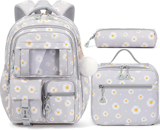 Fimibuke Backpack for Girls Boys, 3Pcs Waterproof Kids Backpack with Lunch Box & Pencil Pouch - Lightweight Multi-Pocket Daisy Bookbag for Elementary Middle School Ages 6+