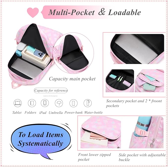 3Pcs Kids Backpack Set for Girls with Matching Lunch Bag, Girls School Bag Backpack for Kids