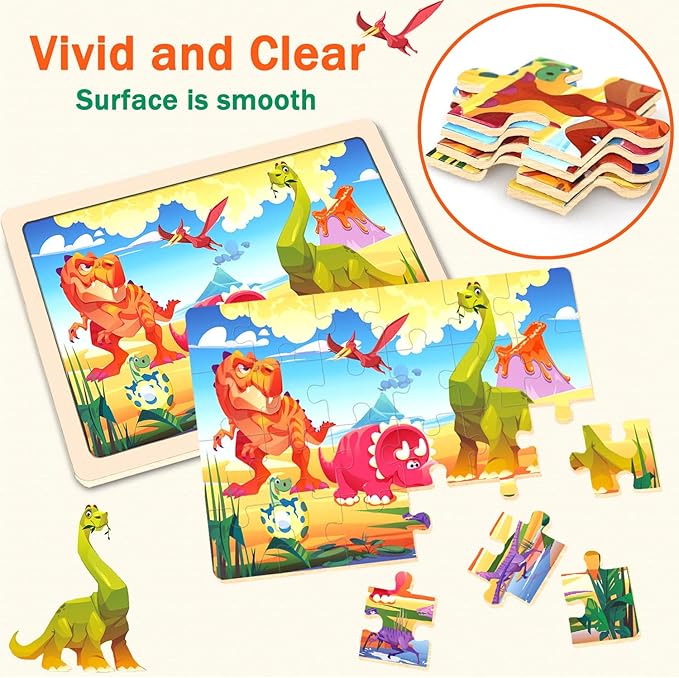 Wooden Puzzles for Kids Ages 4-6, 24 Pieces Dinosaur, Undersea, Wildlife, Farm Jigsaw Puzzles for Kids Ages 3-5. 4 Pack Toddler Puzzles Toys for Boys and Girls Ages 3,4,5,6 Year Old