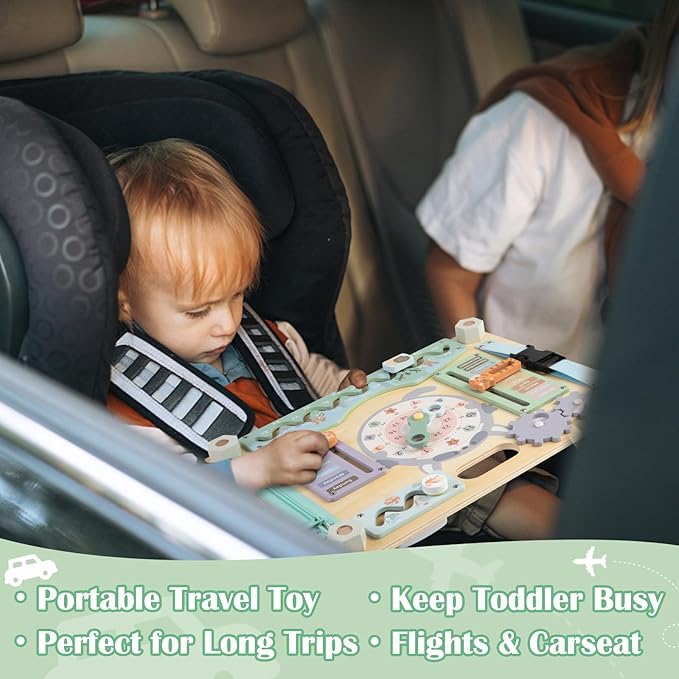 Double-Sided Wooden Busy Board for Toddlers, Sensory Activity Board, Montessori Travel Toy for Kids Age 3-5, Educational Toy for Autism, Ideal Choice for Baby Girls or Boys Birthday