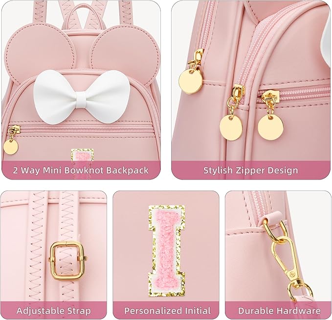KKXIU Girls Initial Bowknot Cute Mini Backpack for Toddler, Travel Small Girl Backpacks, Personalized Trendy Stuff Gift for Little Girls and Kids(I, Pink)