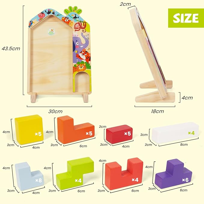 Wooden Puzzle Pattern Blocks Brain Teasers Game, 3D Russian Building Toy Wood Tangram Shape Jigsaw Puzzles Montessori STEM Educational Toys Gift for Kids