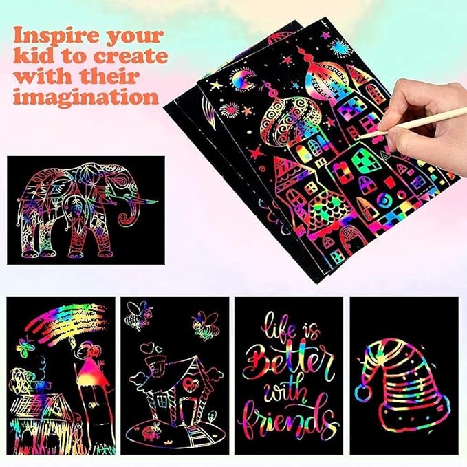 Mocoosy 60 Pcs Rainbow Scratch Art Paper for Kids, Magic Scratch Paper Set Art and Craft Kit, Black Scratch Sheets for Party Game Activities Birthday Gifts Toys Girls Boys 3 4 5 6 7 8 9 10 Years Old