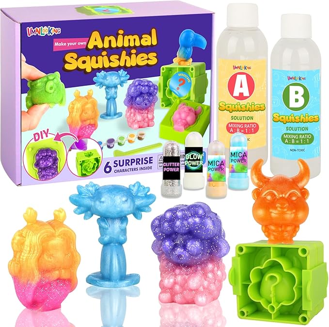 DIY Squishy Making Kits,Creates 6 Animal Characters Craft Kit, Glow-in-The-Dark Silicone Squishy Toys for Kids Ages 6 and Up, Perfect for Stress Relief and Sensory Play (Animal)