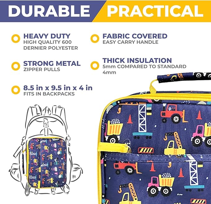Bento Box with Thermo, Insulated Lunch Bag, & Ice Pack Set for Kids or Toddlers. Stainless Steel Food Jar, 5 Compartment Lunch-Box for Pre-School or Daycare, Blue Yellow Trucks