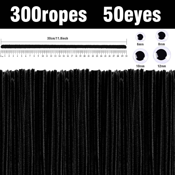 URSDIART (350pcs/Set) Black Pipe Cleaners and Craft Wiggle Eyes, Halloween Pipe Cleaners Bulk Chenille Stems Black for Locs, 12 Inch Pipe Cleaners Black for DIY Art Decorations Creative Craft