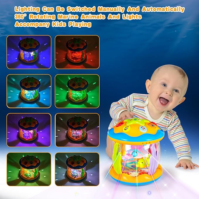 Baby Musical Toys 0-6 6-12 Months Rotating Projector Light Up Infant Tummy Time Toys 0-3-6 Months Sensory Toddler Toy Age 1-2-4 New Birthday Gifts for 1 Year Old Girl Boy Baby Aquarium Learning Toy