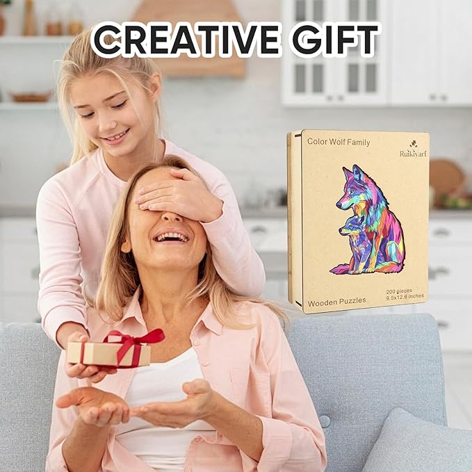 Wooden Puzzles for Adults, 5MM 200 Pieces Color Wolf Family Wooden Jigsaw Puzzles, Animal Puzzle Unique Shaped Gifts for Adults and Kids on Thanksgiving, Christmas Family Puzzle Games (9.5"*12.6")