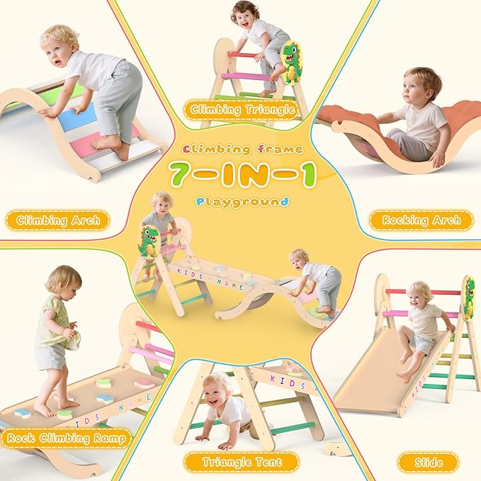 Acenova Pikler Triangle Climbing Set with Cushion and DIY Name Stickers, Montessori Wooden Climbing Gym for Toddlers 1-3, Indoor Jungle Gym, Dinosaur Pikler Triangle Arch Ramp Climber Toy
