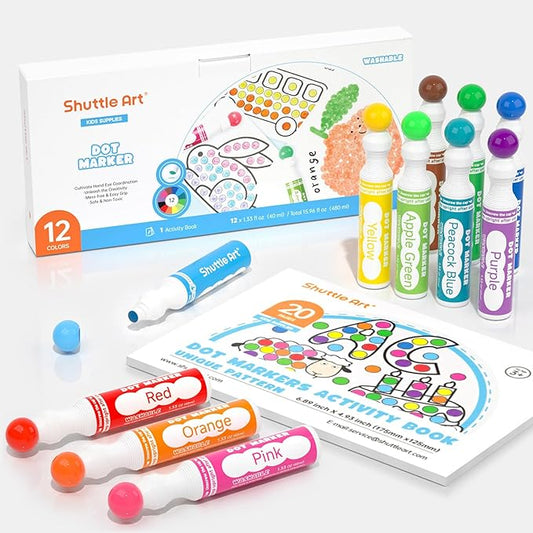 Shuttle Art Dot Makers, 12 Colors Bingo Daubers with 20 Unique Patterns of Dot Book for Toddler Art Activities, Non-Toxic Washable Coloring Markers for Preschool Kids Learning