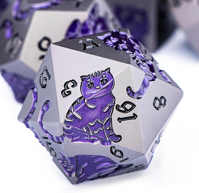 Metal DND Cat Dice 7PCS Polyhedral RPG Dice Set with Gift Case for Dungeons Dragons Role Playing Game, D and D Dice D6 D8 D10 D12 D20 D% (Grey Purple)