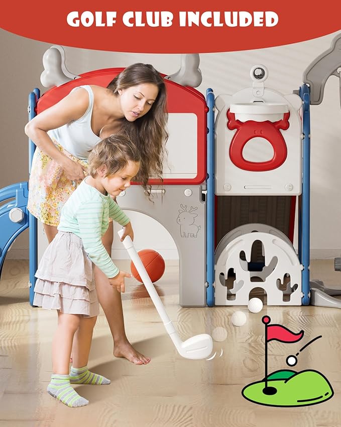 XJD 13-in-1 Toddler Slide and Swing Set, Kids Slide for Toddlers Age 1+, Toddler Outdoor Playset New Upgrade with Golf Set, Basketball Hoop, Drawing Board for Playground (Red Blue)