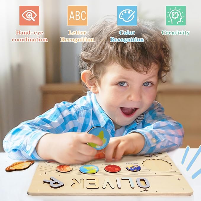 Personalized Name Puzzle for Kids, Custom Baby Gifts for Toddler 1-3, Customized 1st Birthday for Girls & Boys Wooden Planet Puzzle Montessor Toys for Kids