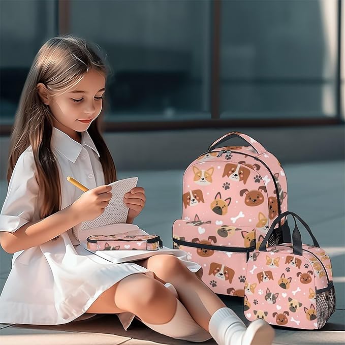 Dog Backpack with Lunch Box, Set of 3 School Backpacks Matching Combo, Cute Pink Bookbag and Pencil Case Bundle
