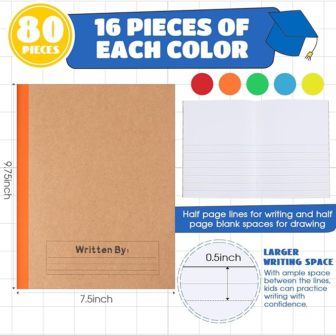 Henoyso 80 Pack Bulk Primary Composition Notebooks for Kids - Wide Ruled Journal with Picture Space, 60 Pages, Rainbow Spine, 9.75 x 7.5 in for Office, School, Journaling, Back to School Supplies
