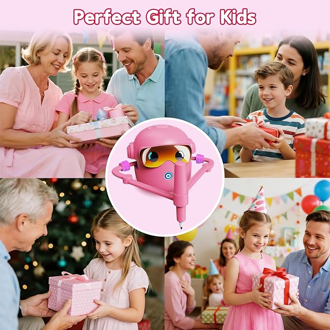 Drawing Robot for Kids, with 100 Word Cards, 12 Color Pens, Voice Interactive Educational Drawing Machine, Montessori Painting Learning Toys for 3 4 5 6 7 8 Year Old Boys Girls Birthday Party (Pink)