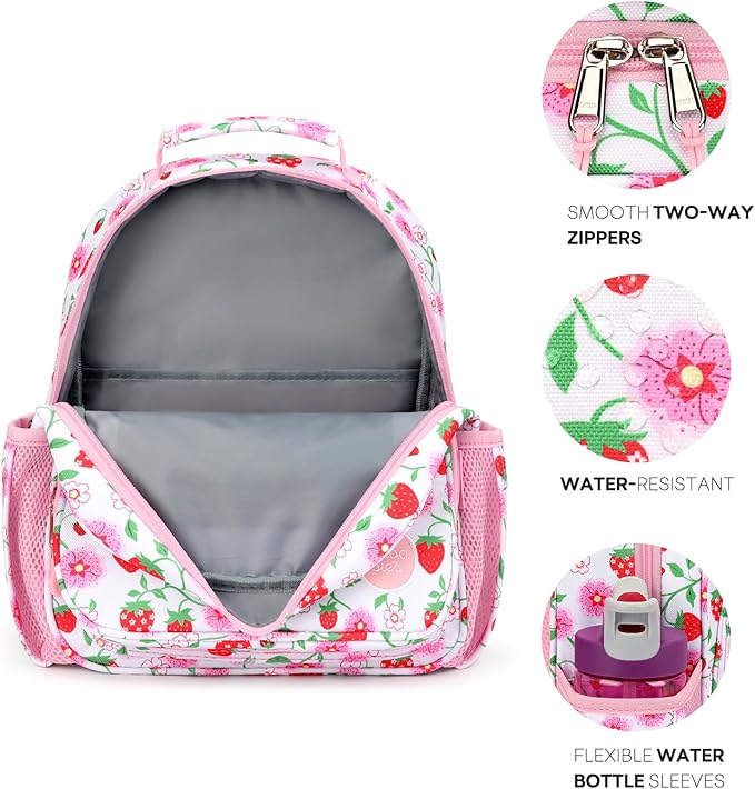 mibasies Toddler Backpack for Girls 2-4: Cute Kids Backpacks for Girls - Preschool Kindergarten Backpack - Strawberry Floral Pink