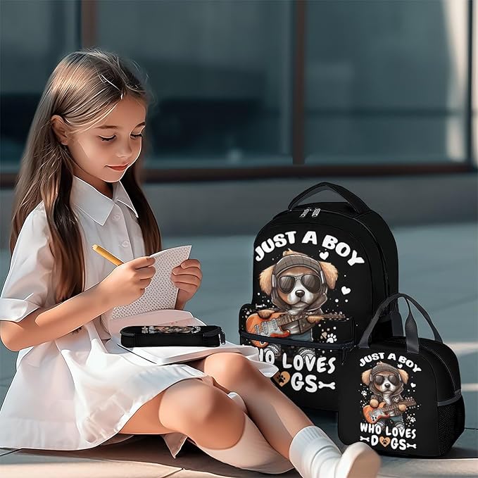Dog Backpack with Lunch Box, Set of 3 School Backpacks Matching Combo, Cute Black Bookbag and Pencil Case Bundle