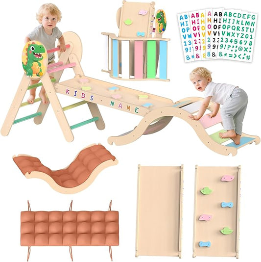 Acenova Pikler Triangle Climbing Set with Cushion and DIY Name Stickers, Montessori Wooden Climbing Gym for Toddlers 1-3, Indoor Jungle Gym, Dinosaur Pikler Triangle Arch Ramp Climber Toy