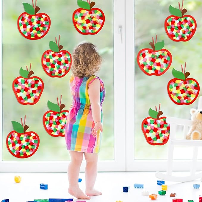 Qyeahkj 36 Set Fall Apple Suncatchers Crafts for Kids DIY Autumn Apple Window Tissue Paper Craft Kit Hanging Decor for Back to School Home Activity Art Project Birthday Party Favor Gift