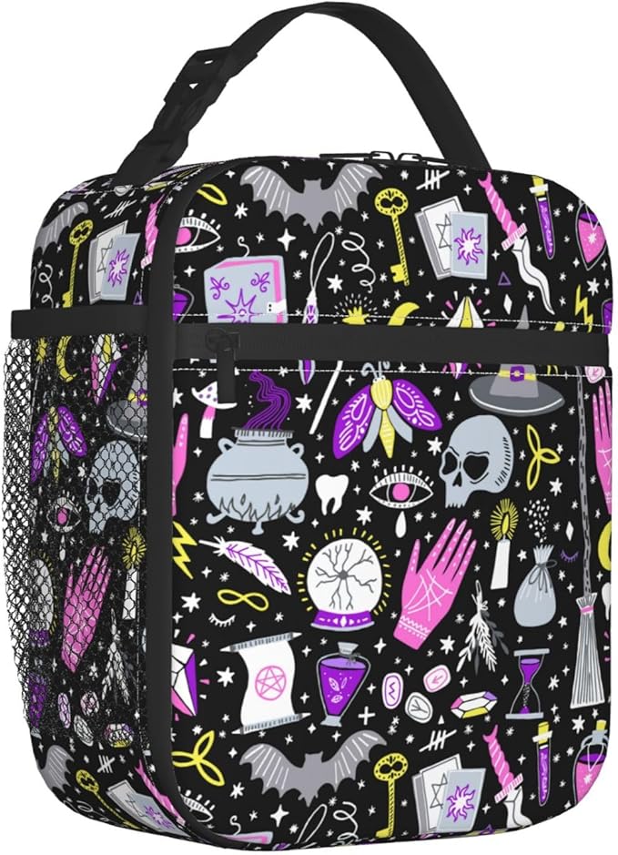 Magic Goth Spooky Gray Purple Reusable Lunch Box Food Bag Insulated Lunch Bag for Teenage Boys Girls School Beach