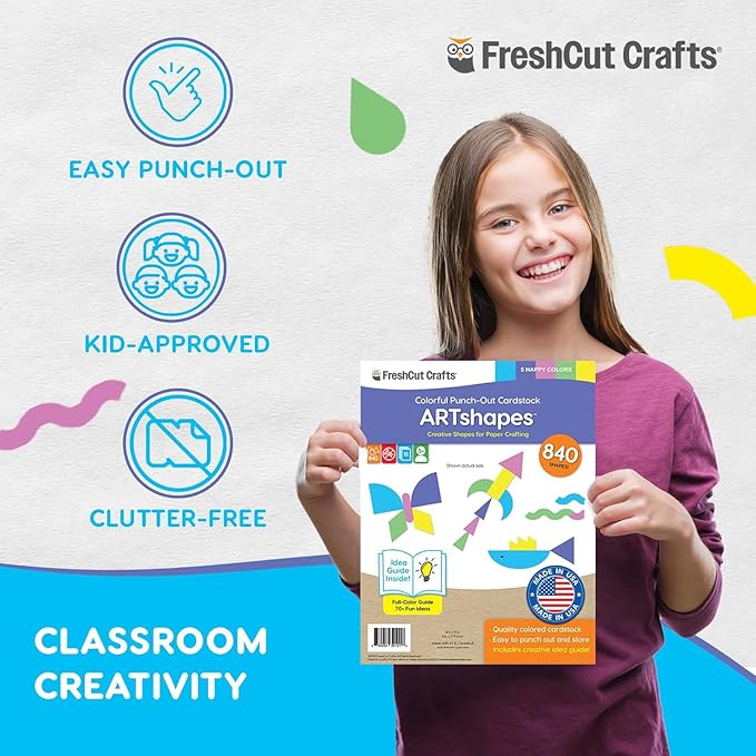 ARTshapes 840 pc Creative Paper Shapes Pack with 70+ Idea Guide - US Made Card Stock - Punch Out Funky DIY Craft Supplies for Whimsical Art Designs, Paper Crafts, and Pattern Play 5 Happy Colors