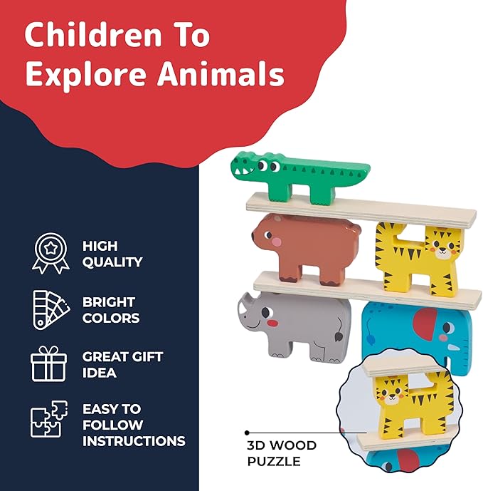 PREXTEX Wooden Stacking Toys - Montessori-Inspired Wooden Sorting Play Set - Educational Balance and Motor Skills Set, Colorful Zoo Animal with 9 Animals, 2 Boards, Carrying Pouch - Ages 18 Months+
