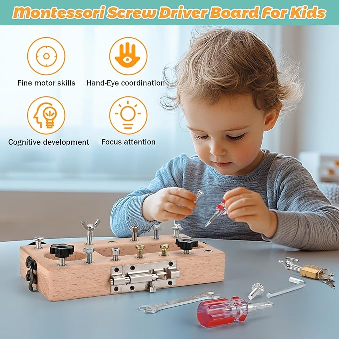 Wooderma Montessori Toys for 3 4 5 Year Old with Lock and Key, Wooden Sensory Toddler Screwd Tool Set, Montessori Screwdriver Board Set, Fine Motor Skills Toys for Educational Preschool Gift for Boys