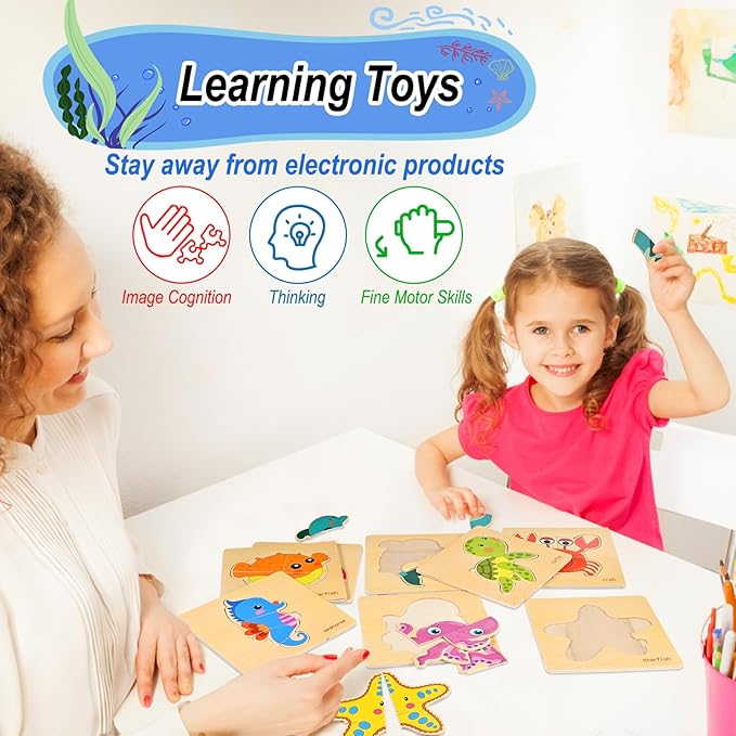 8pcs Wooden Puzzles for Toddlers 1-3, Toddler Puzzles Ages 2-4, Montessori Toys for 1-3+ Years Girl Boy, Sea Animal Puzzle for Kids, Jigsaw Puzzle Educational Toys Preschool for 1-4