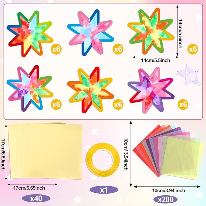 Qyeahkj 36 Set Summer Star Suncatchers Crafts for Kids DIY Star Window Tissue Paper Craft Kit Art Ornament Hanging Decor for School Home Classroom Activity Art Project Birthday Party Favors Gifts