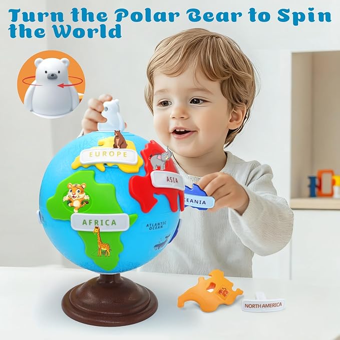 Spinning Globe for Children–Interactive Geography Learning Toy for Kid 3+, 8" Educational Puzzle Globe with 6 Continent & 12 Animial | STEM Geography Game for Kids 4-8, Preschool Birthday Gift