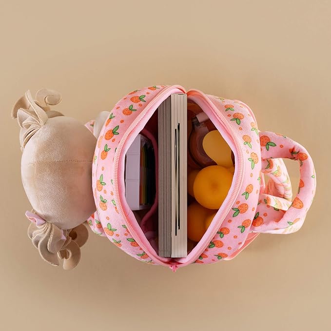 Gloveleya Toddler Backpack Baby Girl Gifts Curly Hair Plush Figures Dress Backpack Kids Backpack Curly Hair Spring Girl Fruit Section-Orange 9inches