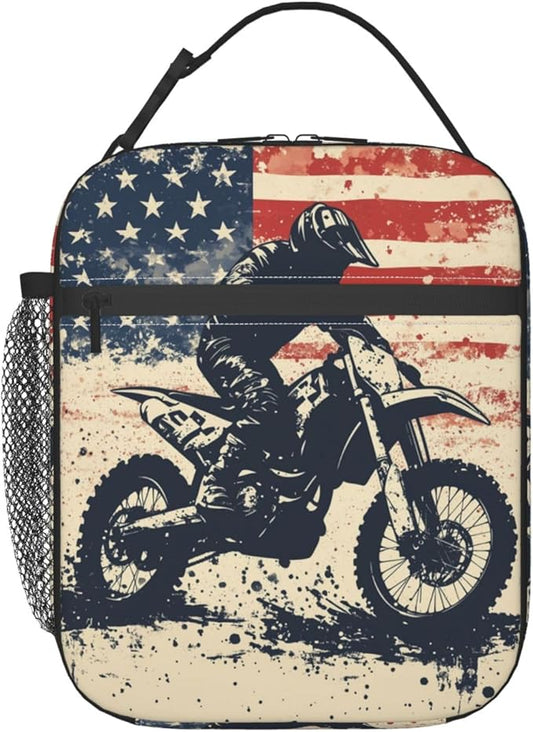 Dirt Bike Lunch Bag for Women Men Adults, Insulated Lunch Box for Work, Sports, Travel, Picnic,Hiking, Fishing, Motocross American Flag Theme Lunchbox Gifts