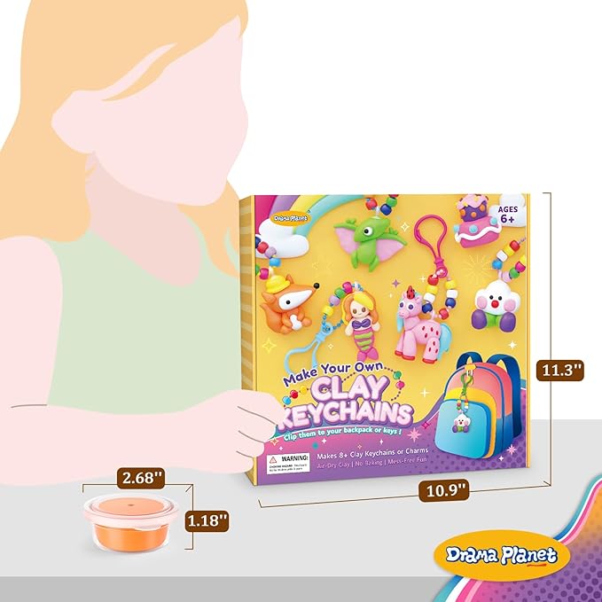 Drama Planet Make Your Own Clay Keychains – Air Dry Clay Craft Kit for Kids Ages 6 and Up, Create 8+ Charms and Bag Decorations, Great Gift for Girls and Boys