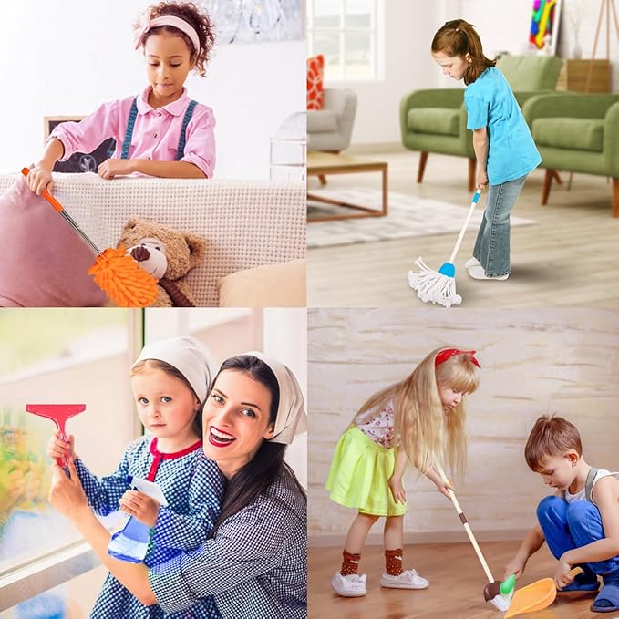 Meland Kids Cleaning Set - 8Pcs Toddler Broom and Toy Vacuum Cleaner, Pretend Play Children House Cleaning Toys, Christmas Birthday Gift for Girls and Boys
