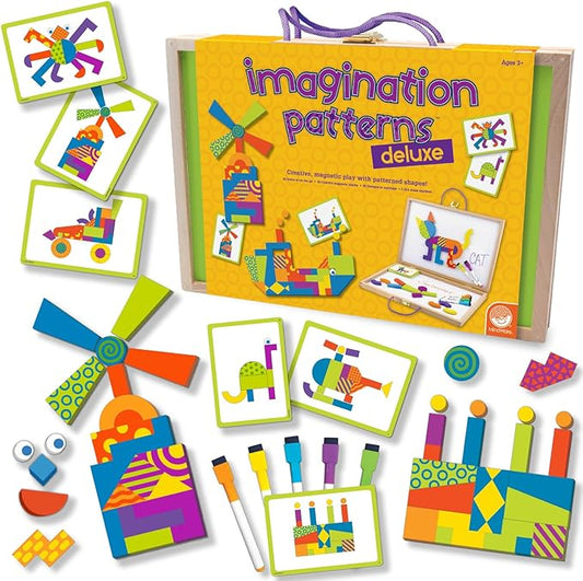 MindWare Imagination Patterns - Creative, Magnetic Play with Patterned Tangram Shapes - Includes 60 Magnetic Blocks, 60 Puzzle Cards, Dry Erase Markers & Wood Case - Deluxe