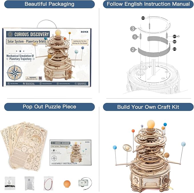 ROKR 3D Wooden Puzzles for Adults Huge Orrery Model - Toy Building Set Mechanical Puzzles 8 Orbiting Planets Unique Gifts for Boys/Girls